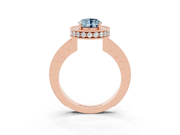 Rose gold Oval Cut Halo Diamond Engagement Ring with Milgrain Pave Band and Four-Prong Setting