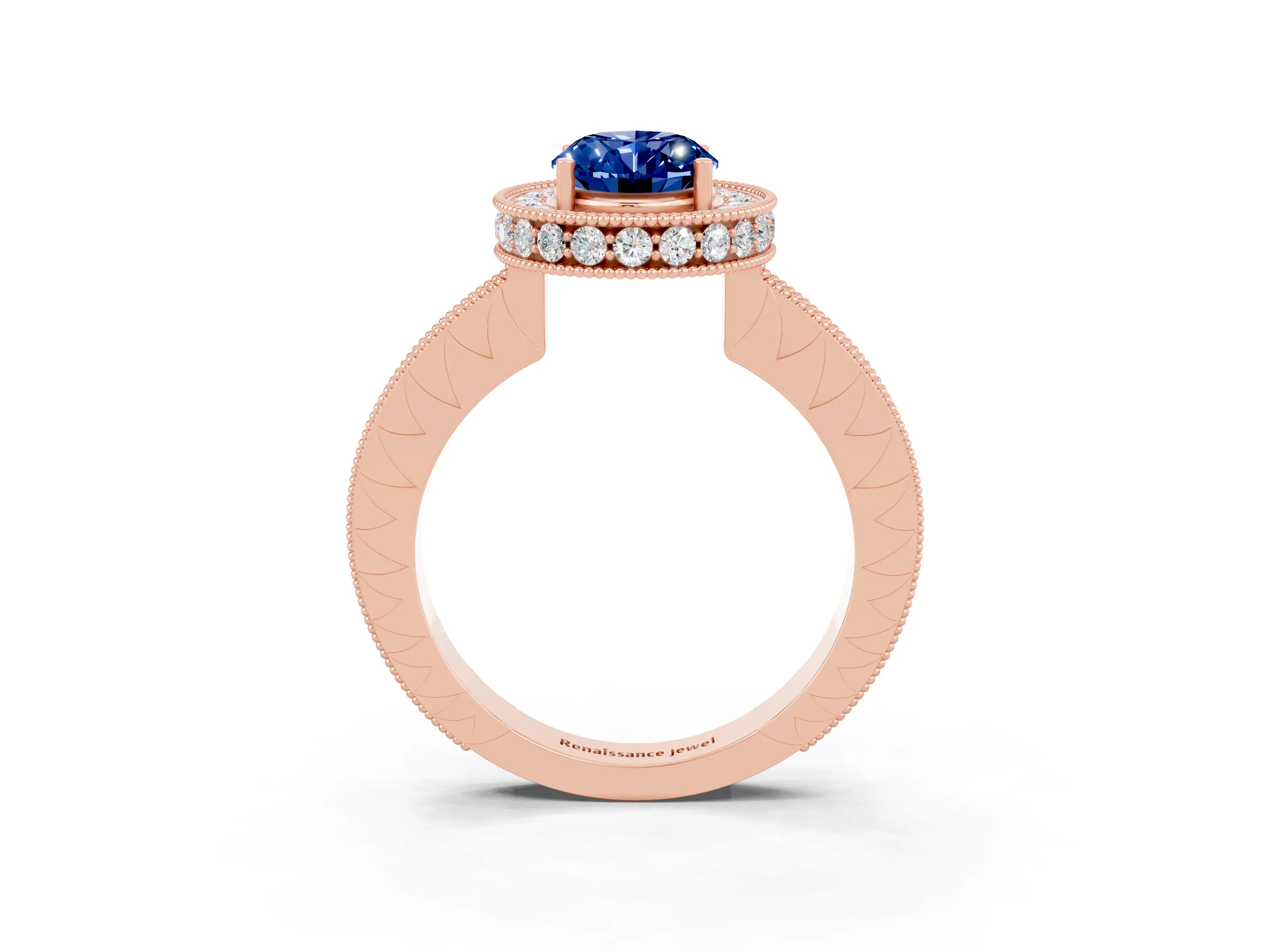 Rose gold Oval Cut Halo Diamond Engagement Ring with Milgrain Pave Band and Four-Prong Setting_3
