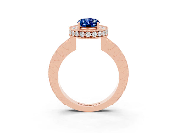 Rose gold Oval Cut Halo Diamond Engagement Ring with Milgrain Pave Band and Four-Prong Setting