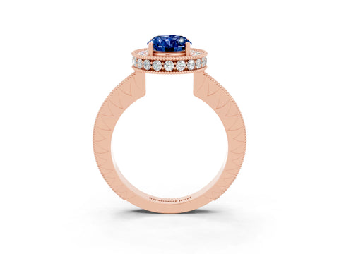 Rose gold Oval Cut Halo Diamond Engagement Ring with Milgrain Pave Band and Four-Prong Setting_3