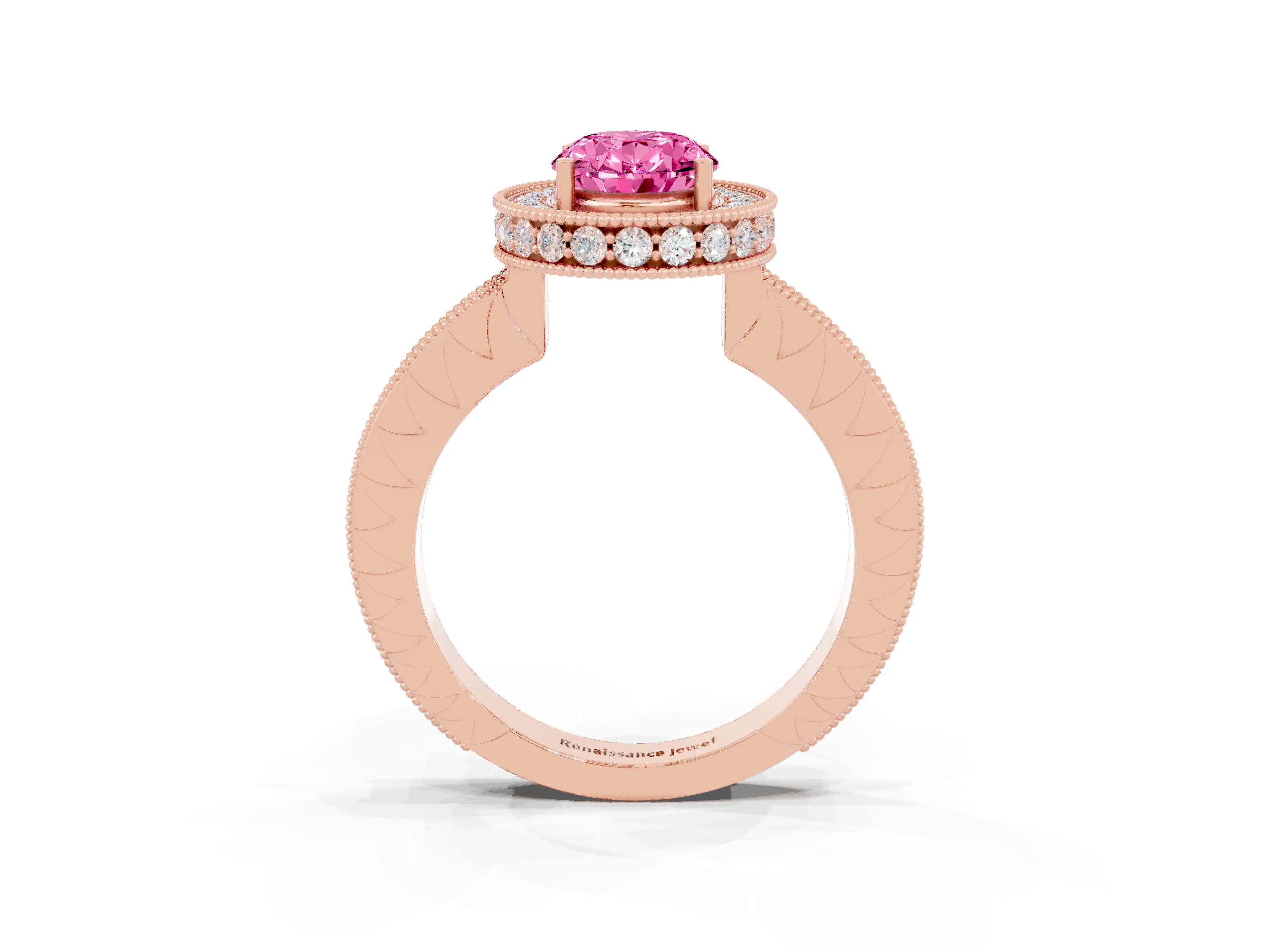 Rose gold Oval Cut Halo Diamond Engagement Ring with Milgrain Pave Band and Four-Prong Setting_3