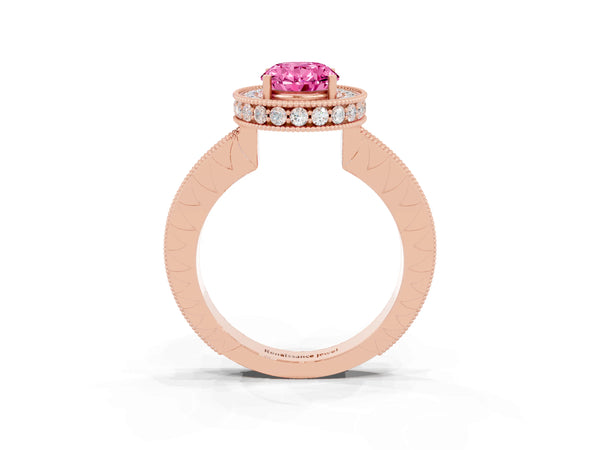 Rose gold Oval Cut Halo Diamond Engagement Ring with Milgrain Pave Band and Four-Prong Setting