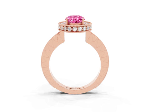 Rose gold Oval Cut Halo Diamond Engagement Ring with Milgrain Pave Band and Four-Prong Setting_3