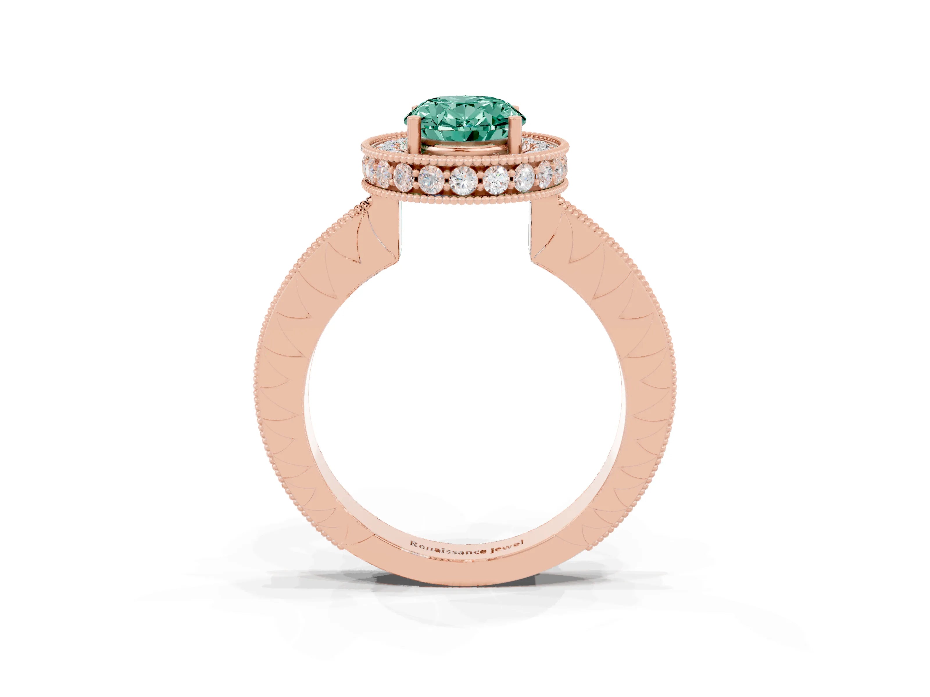Rose gold Oval Cut Halo Diamond Engagement Ring with Milgrain Pave Band and Four-Prong Setting_3