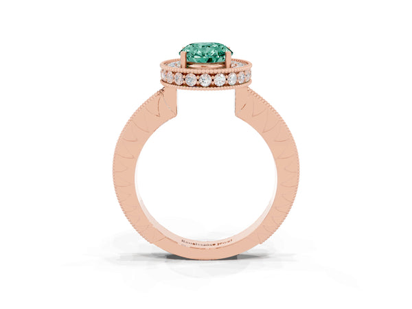 Rose gold Oval Cut Halo Diamond Engagement Ring with Milgrain Pave Band and Four-Prong Setting