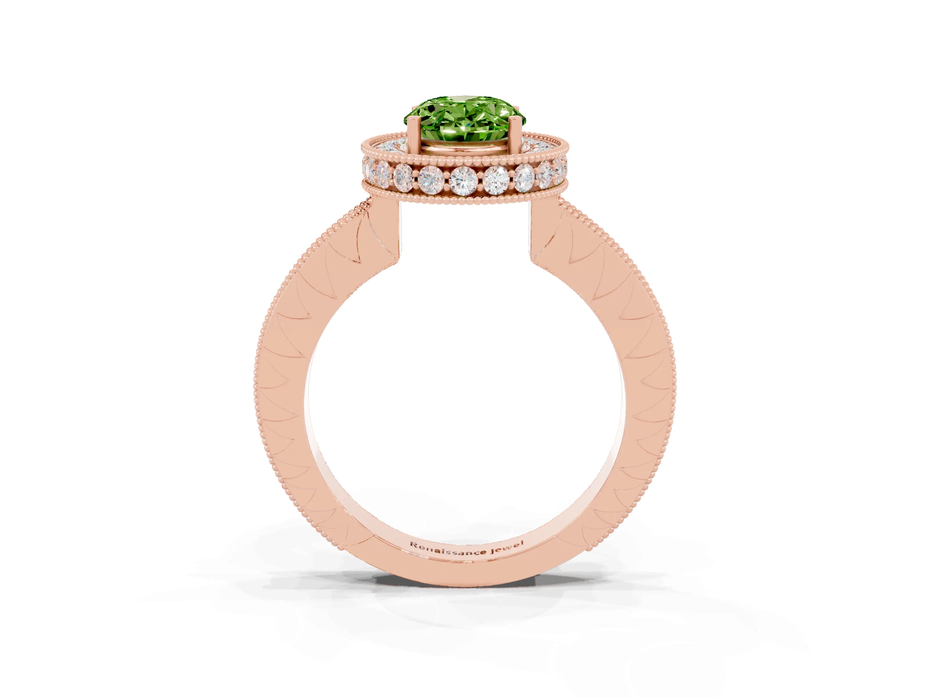 Rose gold Oval Cut Halo Diamond Engagement Ring with Milgrain Pave Band and Four-Prong Setting_3