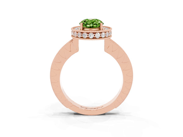 Rose gold Oval Cut Halo Diamond Engagement Ring with Milgrain Pave Band and Four-Prong Setting