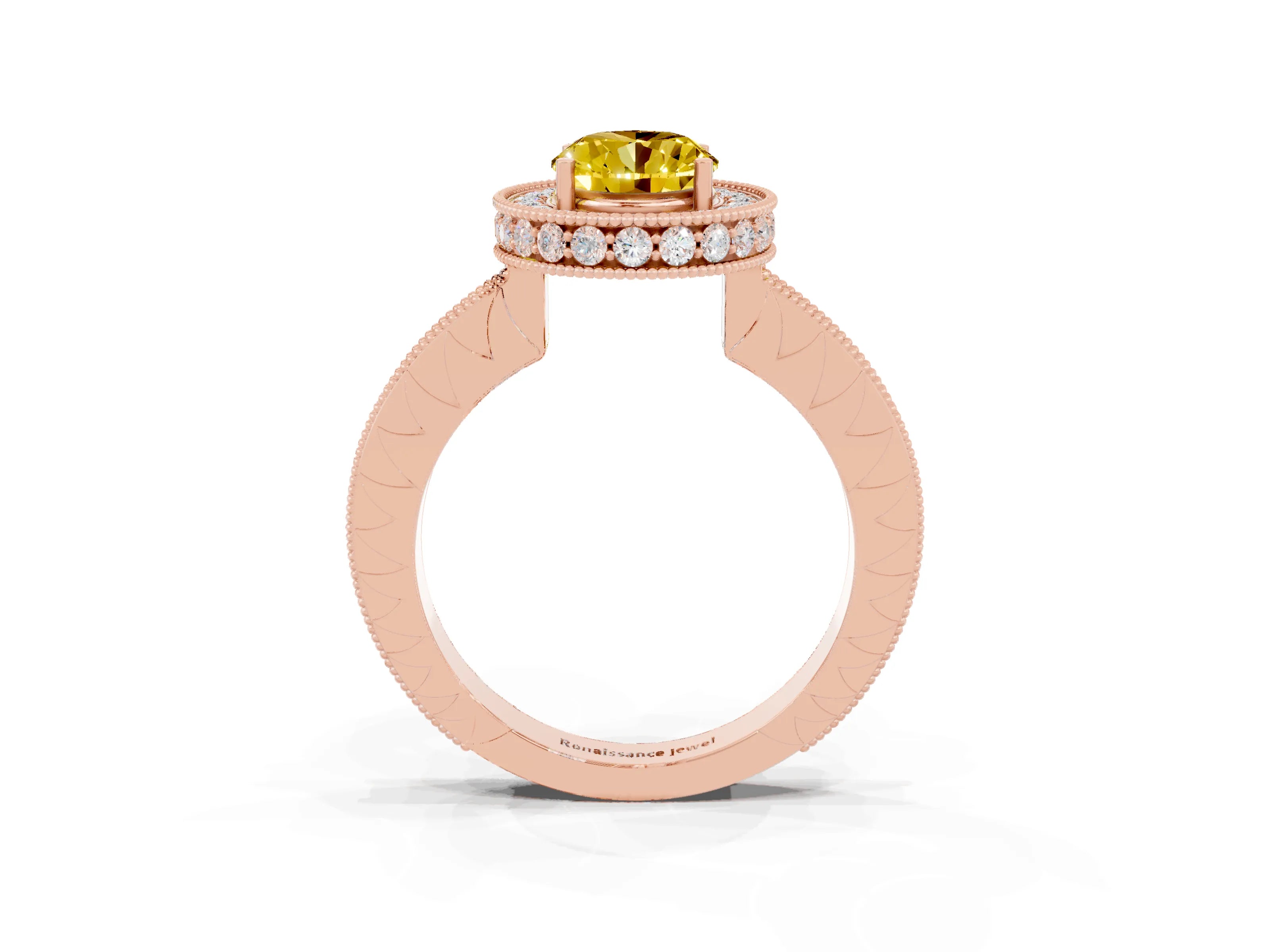 Rose gold Oval Cut Halo Diamond Engagement Ring with Milgrain Pave Band and Four-Prong Setting_3