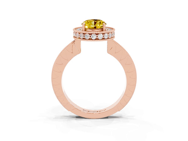 Rose gold Oval Cut Halo Diamond Engagement Ring with Milgrain Pave Band and Four-Prong Setting
