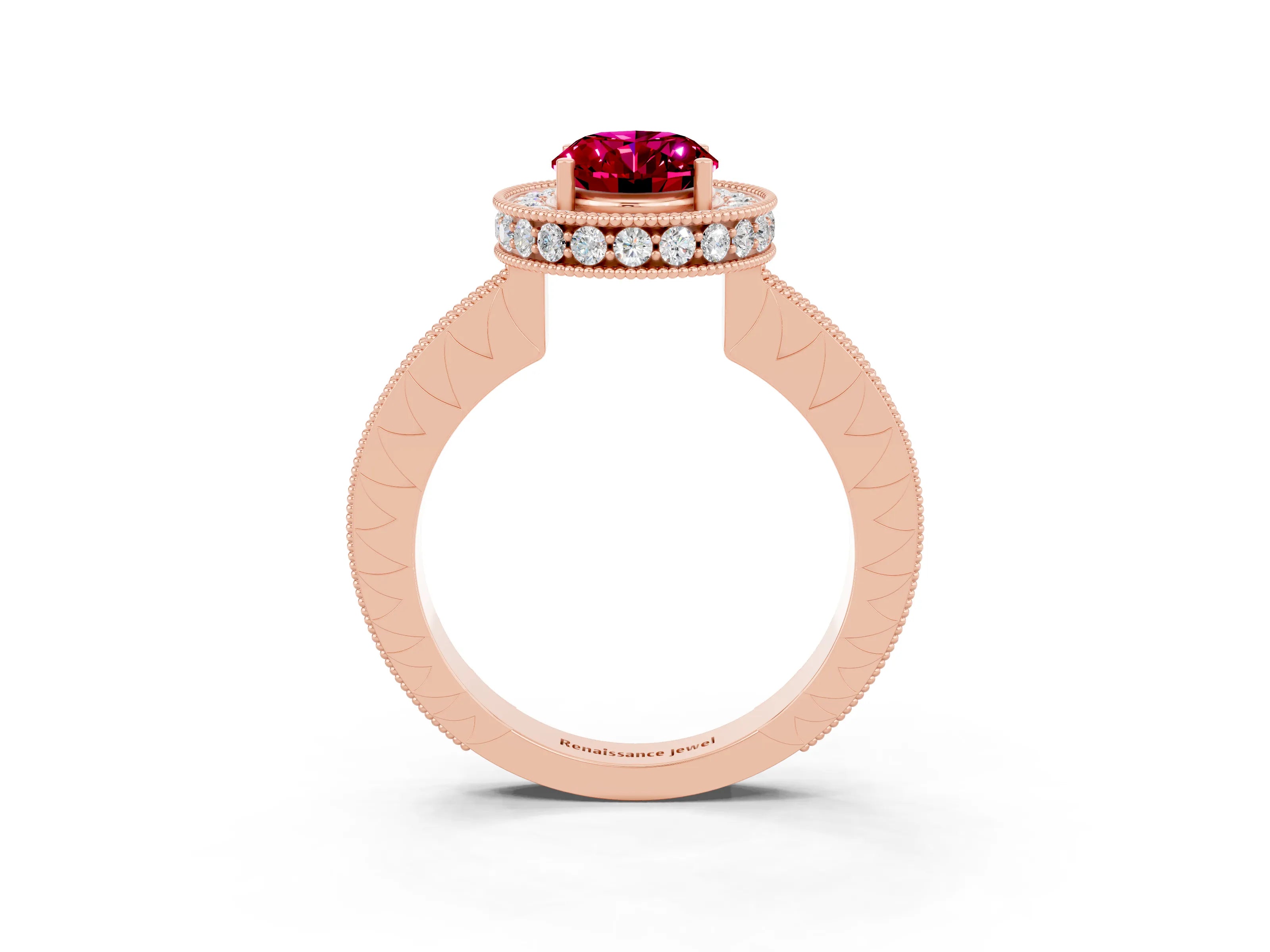 Rose gold Oval Cut Halo Diamond Engagement Ring with Milgrain Pave Band and Four-Prong Setting_3