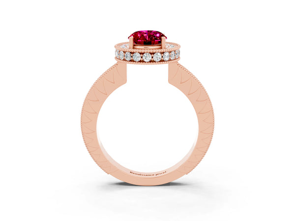 Rose gold Oval Cut Halo Diamond Engagement Ring with Milgrain Pave Band and Four-Prong Setting