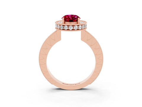 Rose gold Oval Cut Halo Diamond Engagement Ring with Milgrain Pave Band and Four-Prong Setting_3