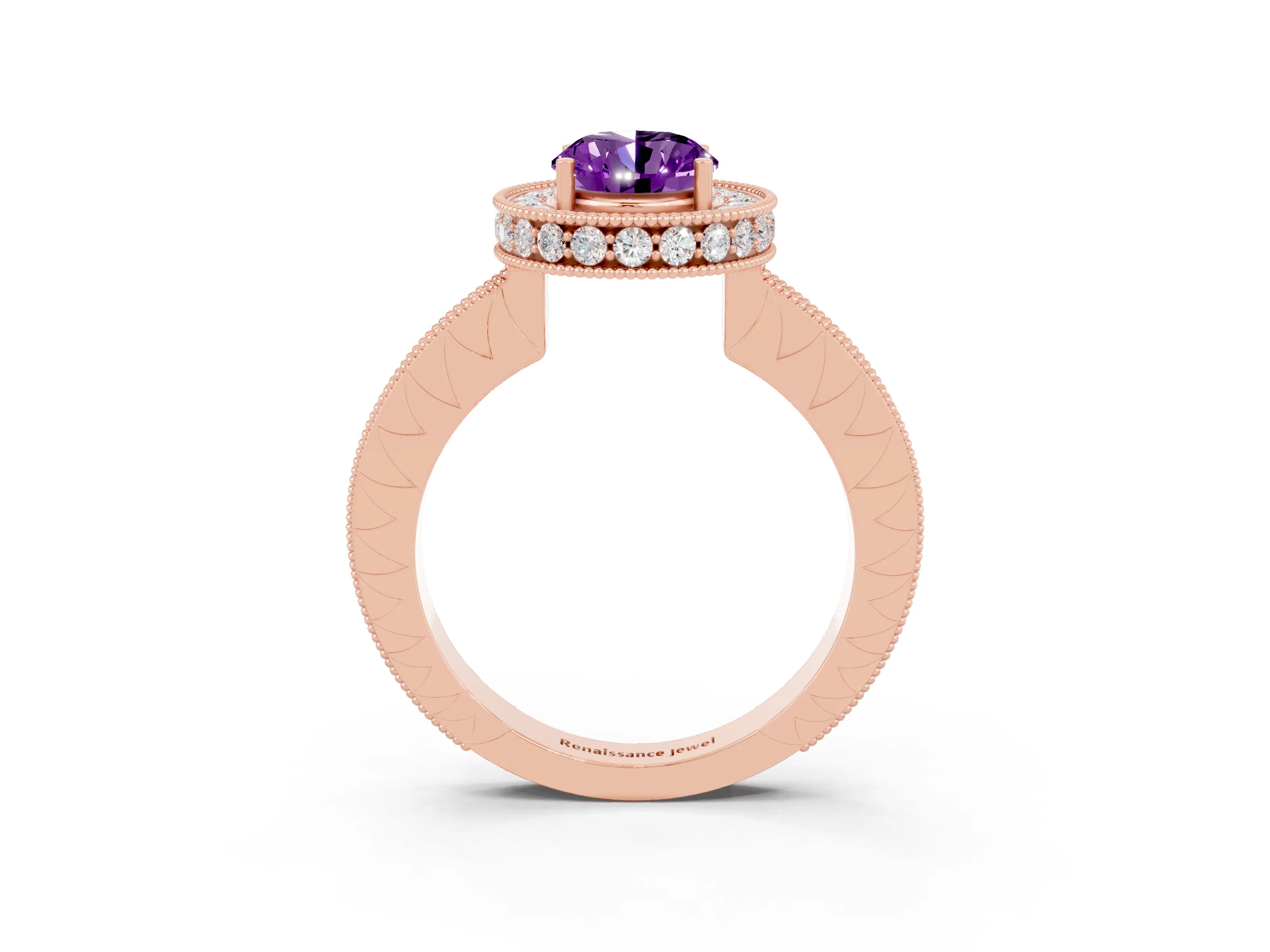 Rose gold Oval Cut Halo Diamond Engagement Ring with Milgrain Pave Band and Four-Prong Setting_3