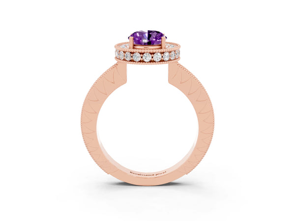 Rose gold Oval Cut Amethyst Milgrain Halo Engagement Ring with Round Pavé Band and Prong Setting