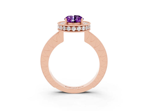 Rose gold Oval Cut Halo Diamond Engagement Ring with Milgrain Pave Band and Four-Prong Setting_3