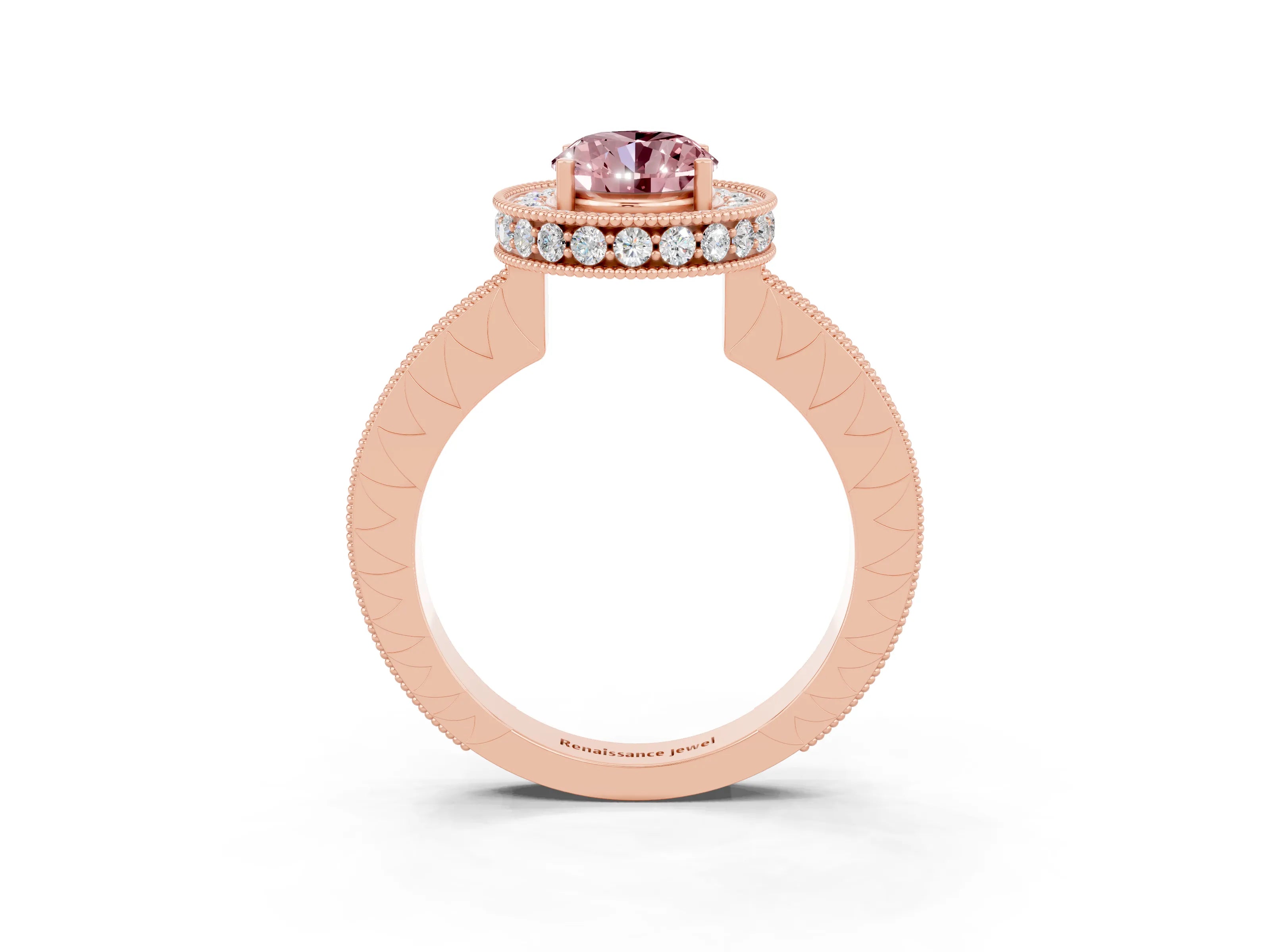 Rose gold Oval Cut Halo Diamond Engagement Ring with Milgrain Pave Band and Four-Prong Setting_3