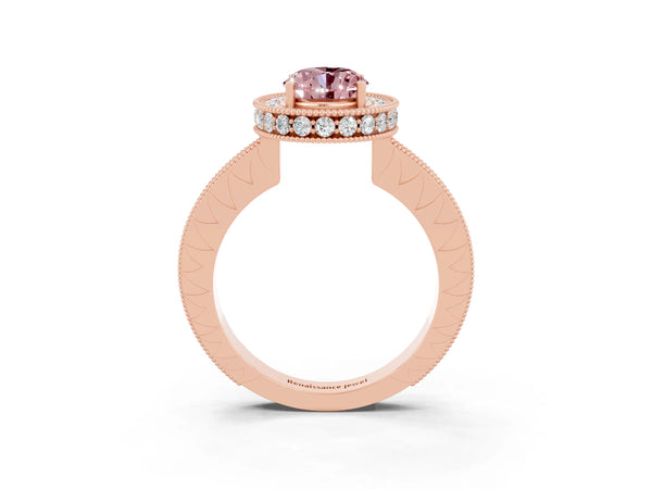 Rose gold Oval Cut Halo Diamond Engagement Ring with Milgrain Pave Band and Four-Prong Setting
