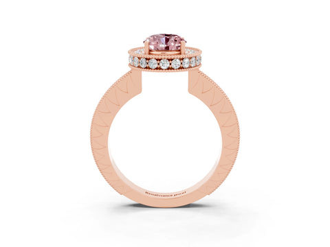 Rose gold Oval Cut Halo Diamond Engagement Ring with Milgrain Pave Band and Four-Prong Setting_3