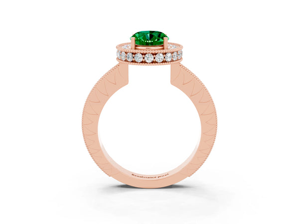 Rose gold Oval Cut Halo Diamond Engagement Ring with Milgrain Pave Band and Four-Prong Setting