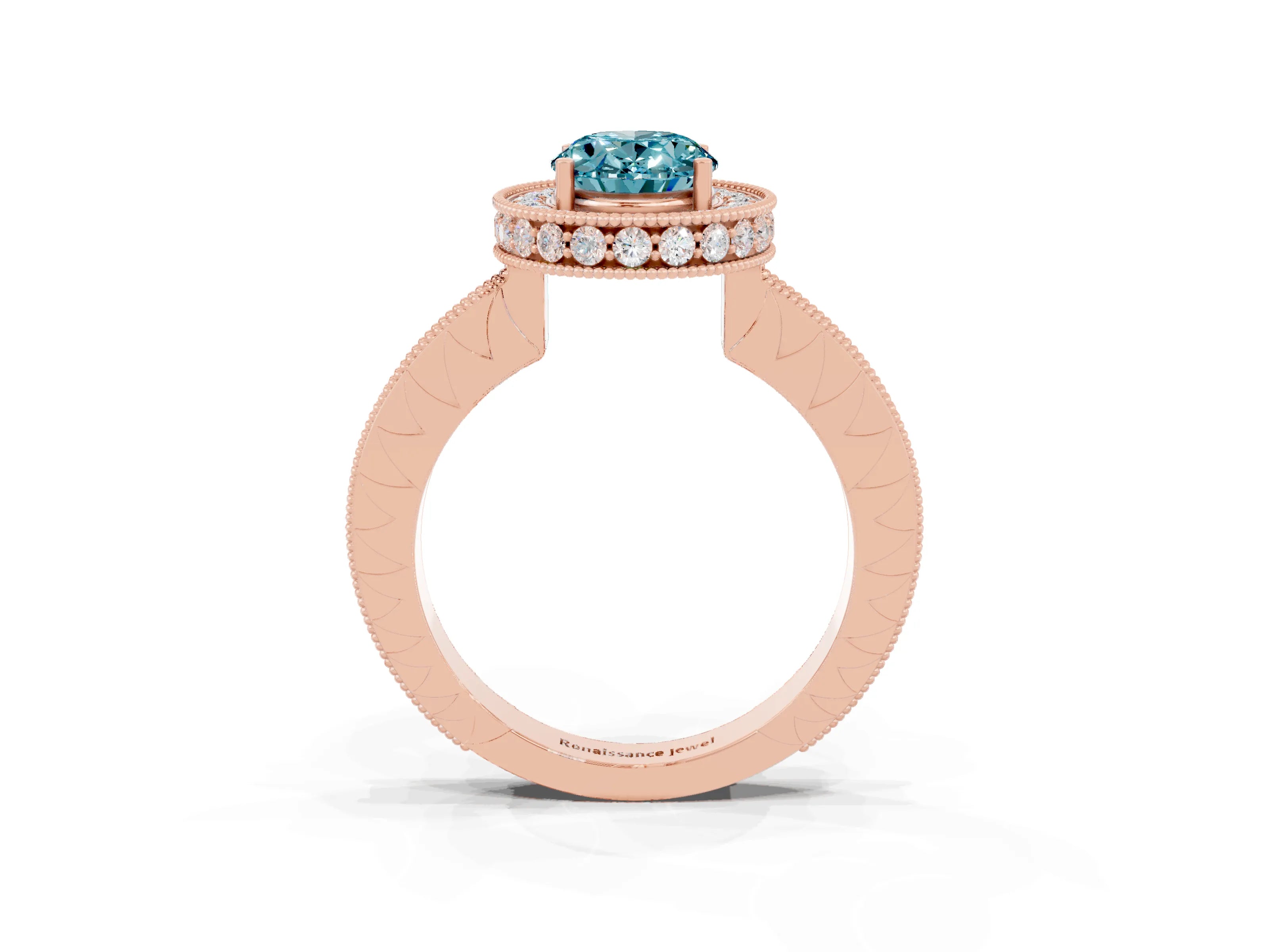 Rose gold Oval Cut Halo Diamond Engagement Ring with Milgrain Pave Band and Four-Prong Setting_3