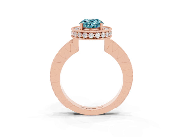 Rose gold Oval Cut Halo Diamond Engagement Ring with Milgrain Pave Band and Four-Prong Setting