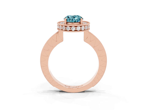 Rose gold Oval Cut Halo Diamond Engagement Ring with Milgrain Pave Band and Four-Prong Setting_3