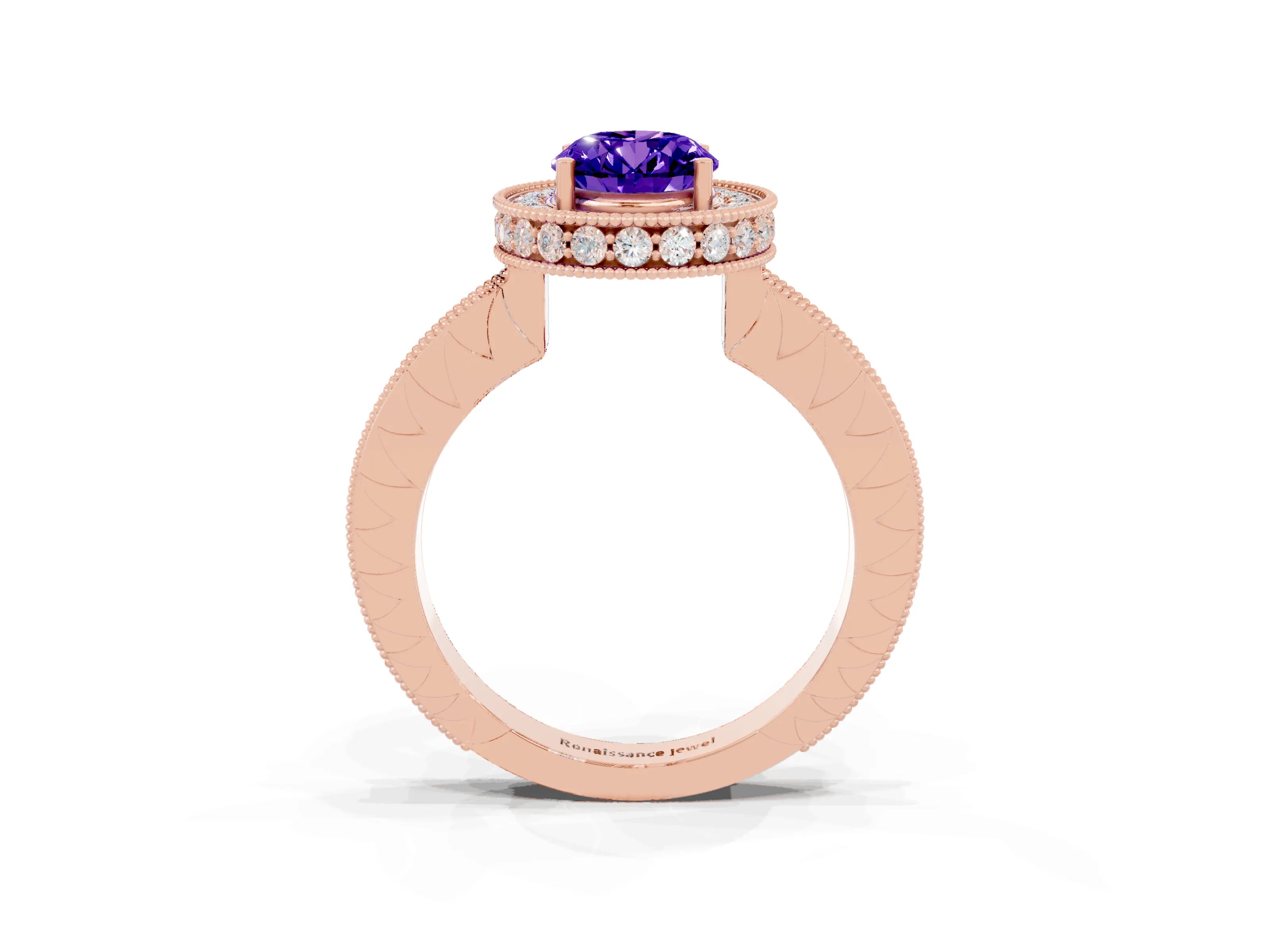 Rose gold Oval Cut Halo Diamond Engagement Ring with Milgrain Pave Band and Four-Prong Setting_3