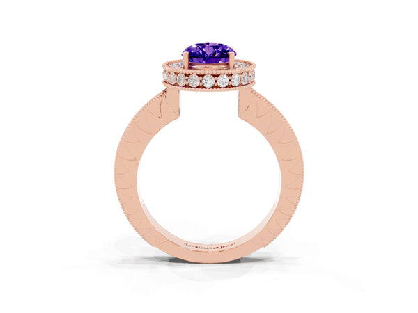 Rose gold Oval Cut Halo Diamond Engagement Ring with Milgrain Pave Band and Four-Prong Setting