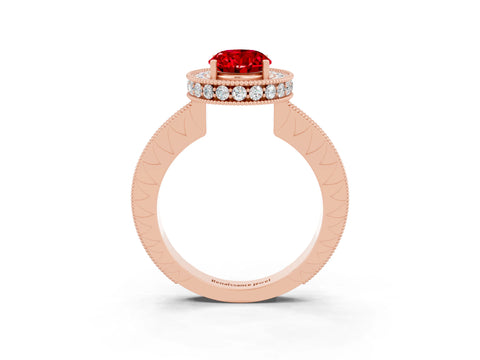 Rose gold Oval Cut Halo Diamond Engagement Ring with Milgrain Pave Band and Four-Prong Setting_3