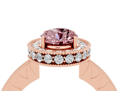 Rose gold Oval Cut Halo Diamond Engagement Ring with Milgrain Pave Band and Four-Prong Setting_4