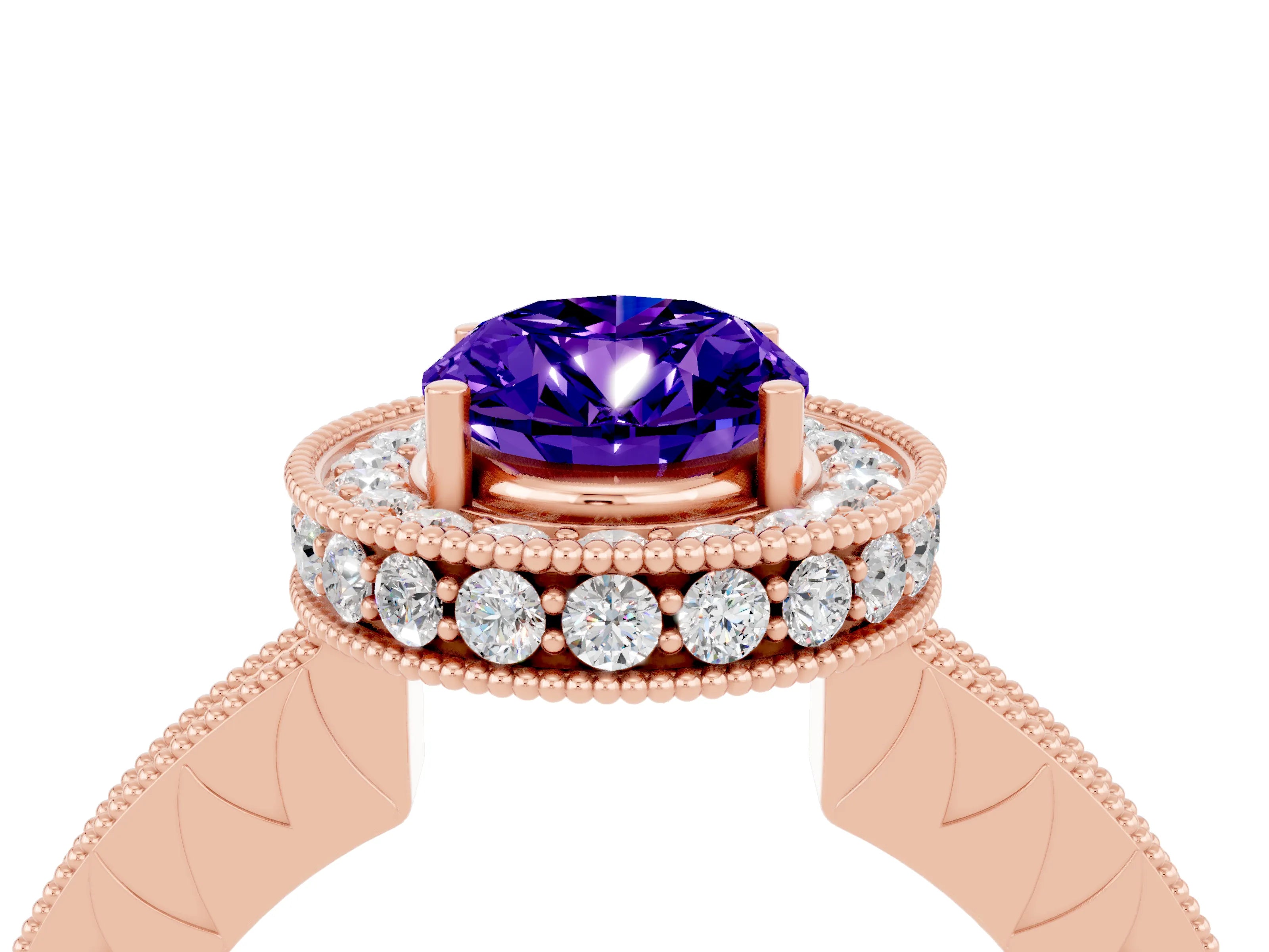 Rose gold Oval Cut Halo Diamond Engagement Ring with Milgrain Pave Band and Four-Prong Setting_4
