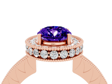 Rose gold Oval Cut Halo Diamond Engagement Ring with Milgrain Pave Band and Four-Prong Setting_4