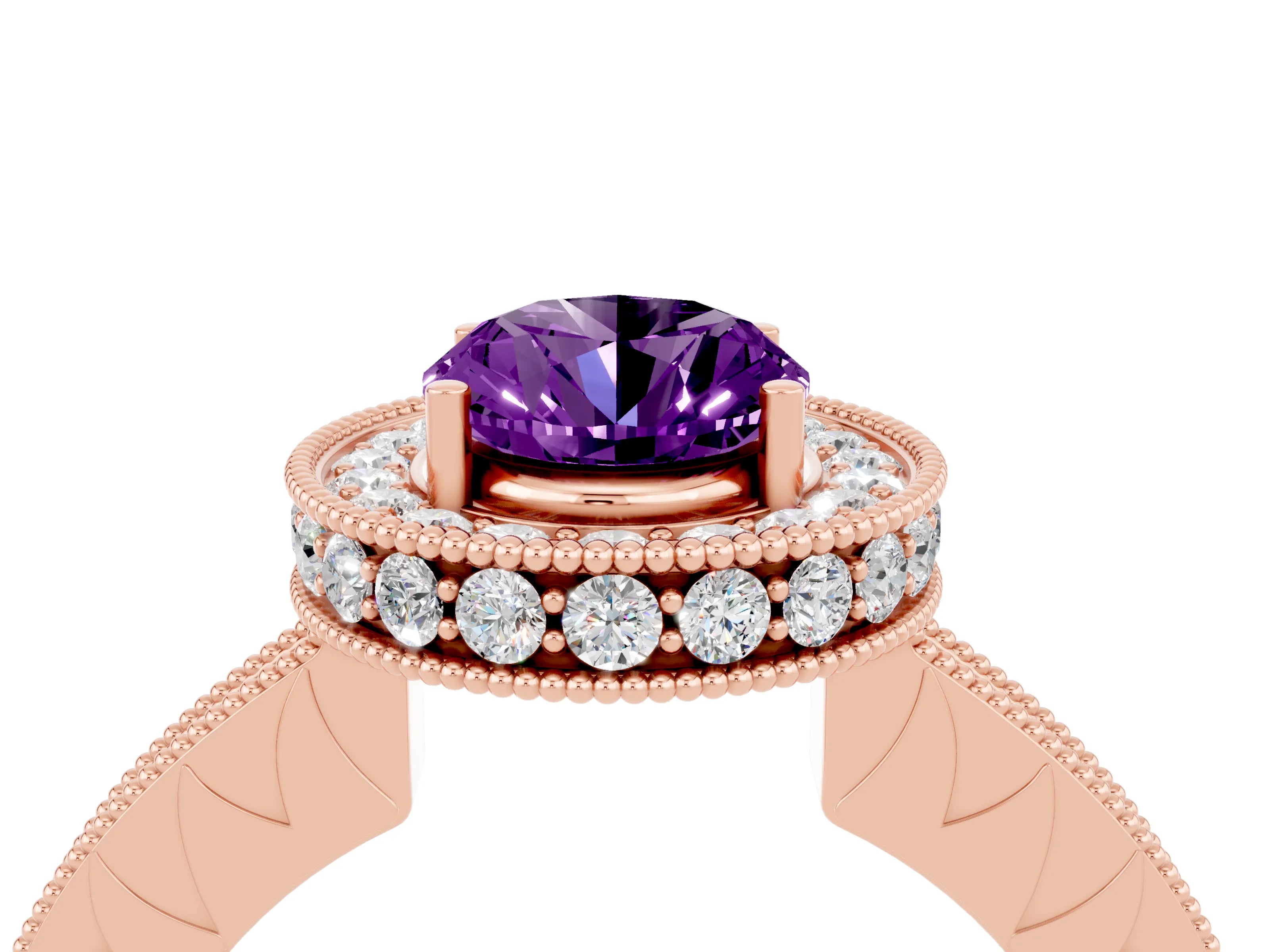Rose gold Oval Cut Halo Diamond Engagement Ring with Milgrain Pave Band and Four-Prong Setting_4