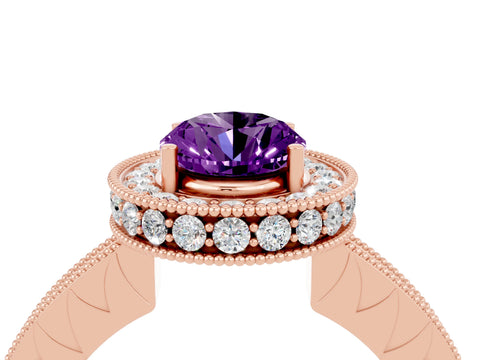 Rose gold Oval Cut Halo Diamond Engagement Ring with Milgrain Pave Band and Four-Prong Setting_4