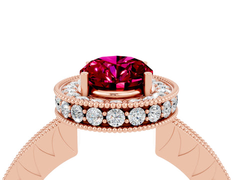 Rose gold Oval Cut Halo Diamond Engagement Ring with Milgrain Pave Band and Four-Prong Setting_4