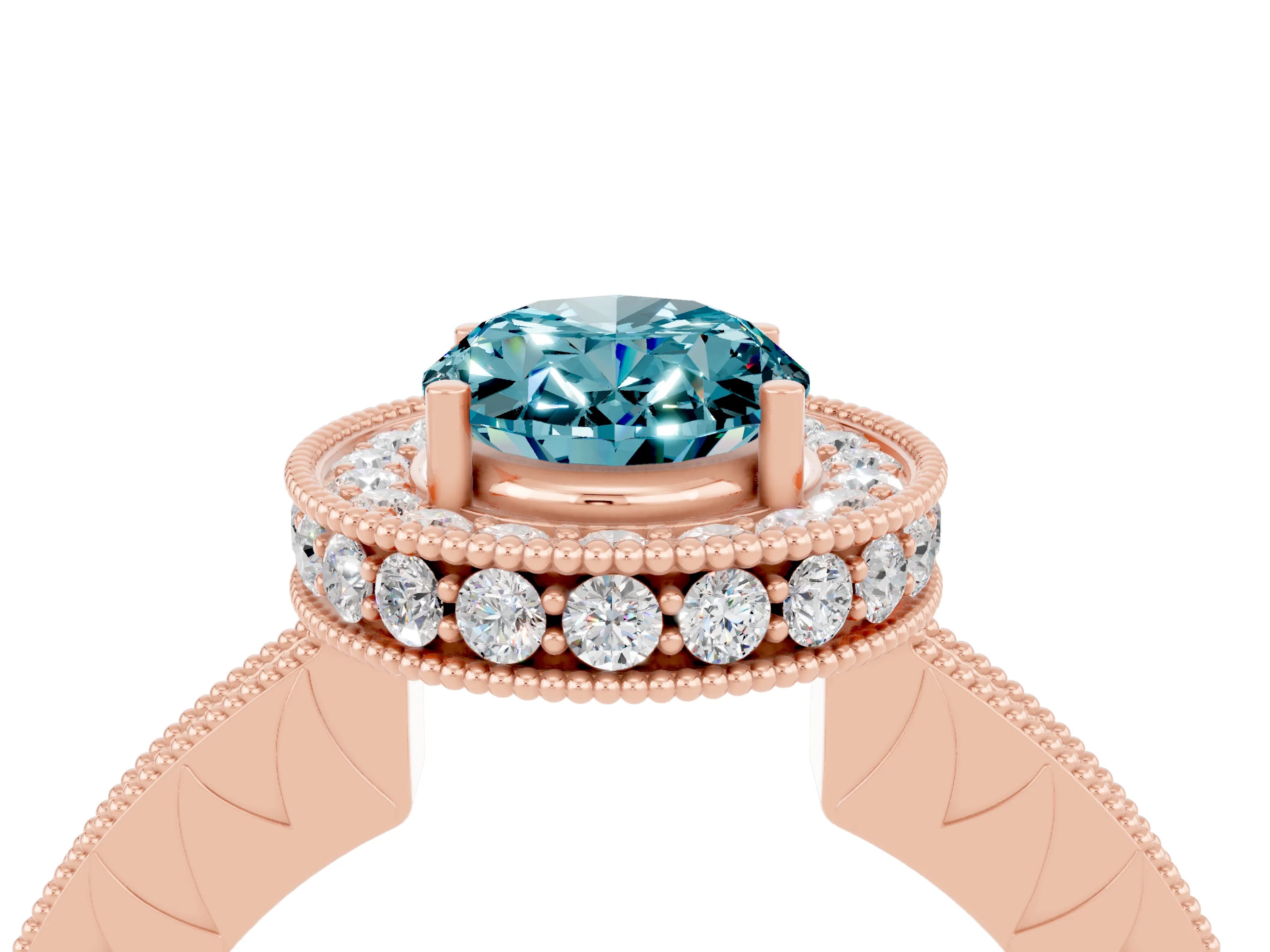 Rose gold Oval Cut Halo Diamond Engagement Ring with Milgrain Pave Band and Four-Prong Setting_4