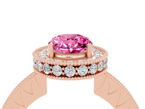 Rose gold Oval Cut Halo Diamond Engagement Ring with Milgrain Pave Band and Four-Prong Setting_4