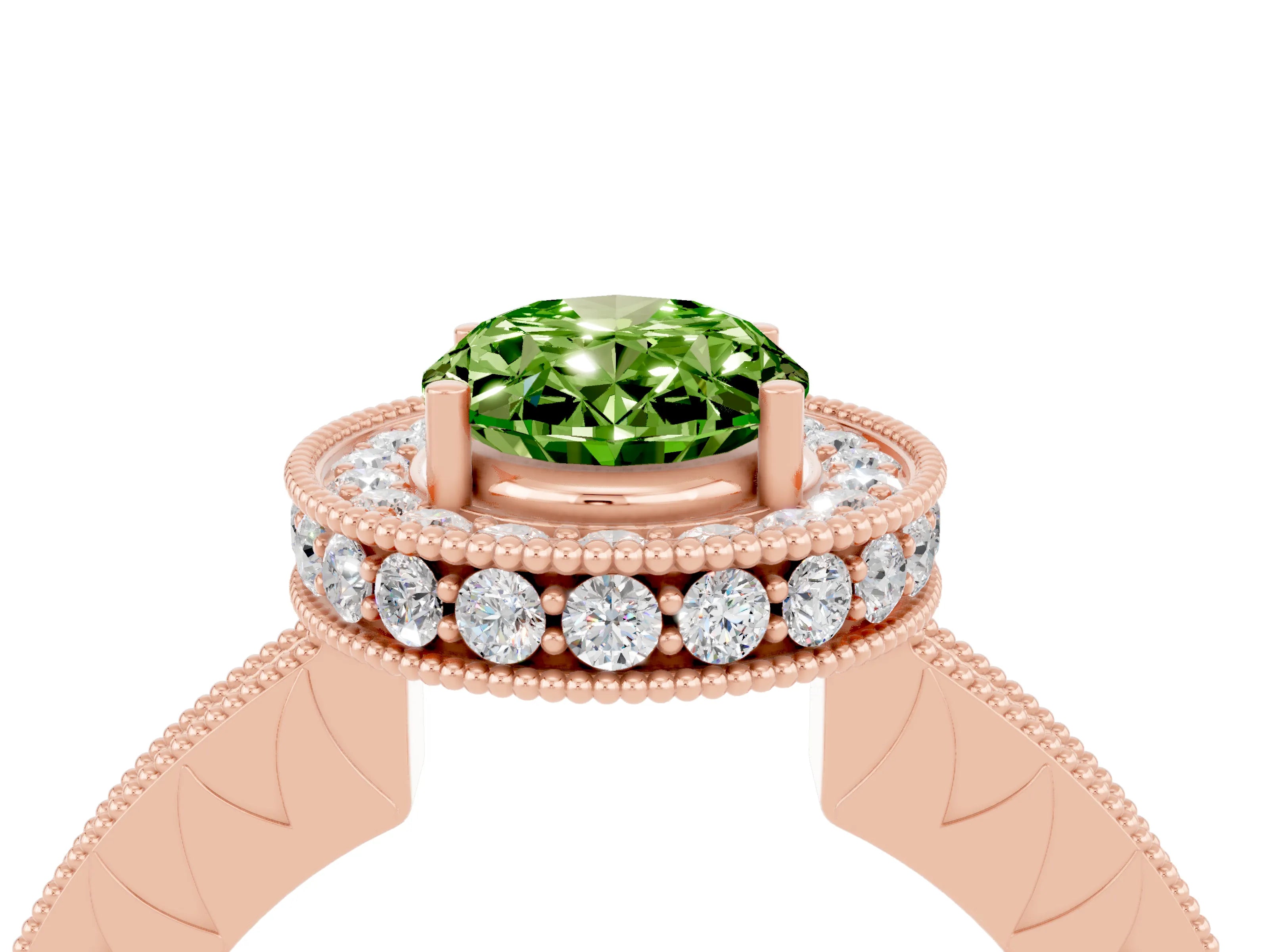 Rose gold Oval Cut Halo Diamond Engagement Ring with Milgrain Pave Band and Four-Prong Setting_4