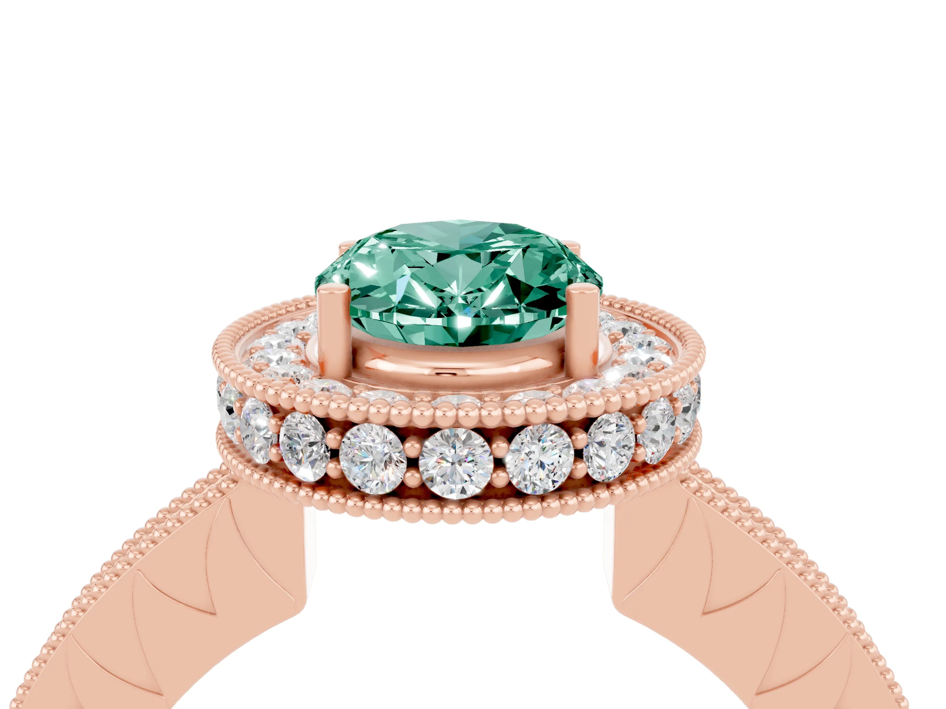 Rose gold Oval Cut Halo Diamond Engagement Ring with Milgrain Pave Band and Four-Prong Setting_4
