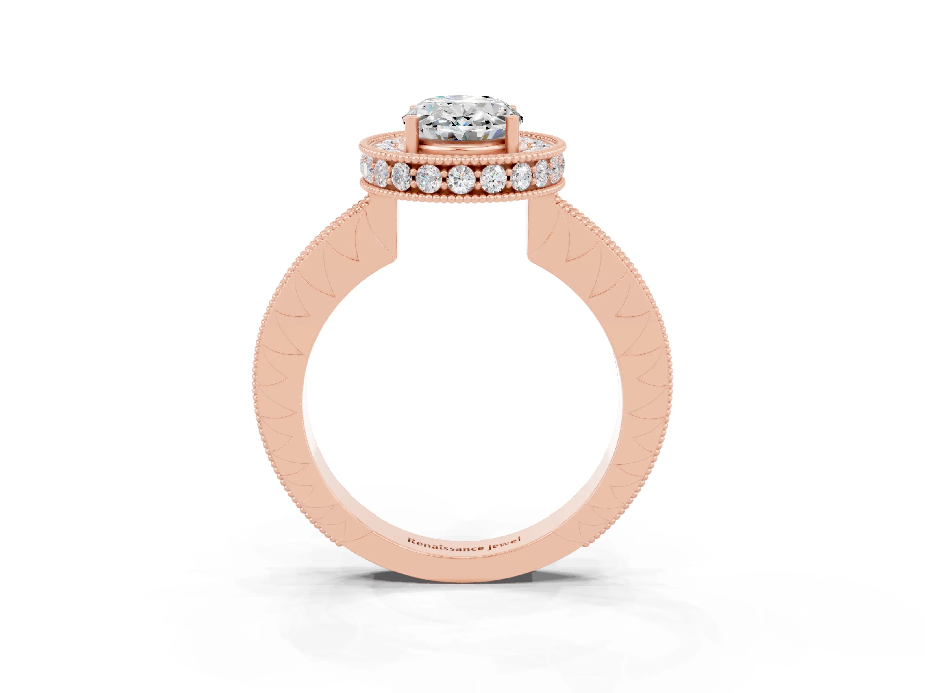 Rose gold Oval Cut Halo Diamond Engagement Ring with Milgrain Pave Band and Four-Prong Setting_4