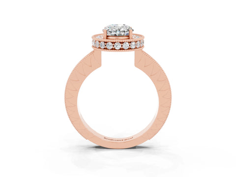 Rose gold Oval Cut Halo Diamond Engagement Ring with Milgrain Pave Band and Four-Prong Setting_4
