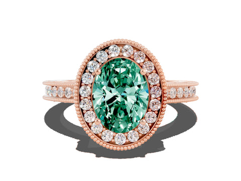 Rose gold Oval Cut Halo Diamond Engagement Ring with Milgrain Pave Band and Four-Prong Setting