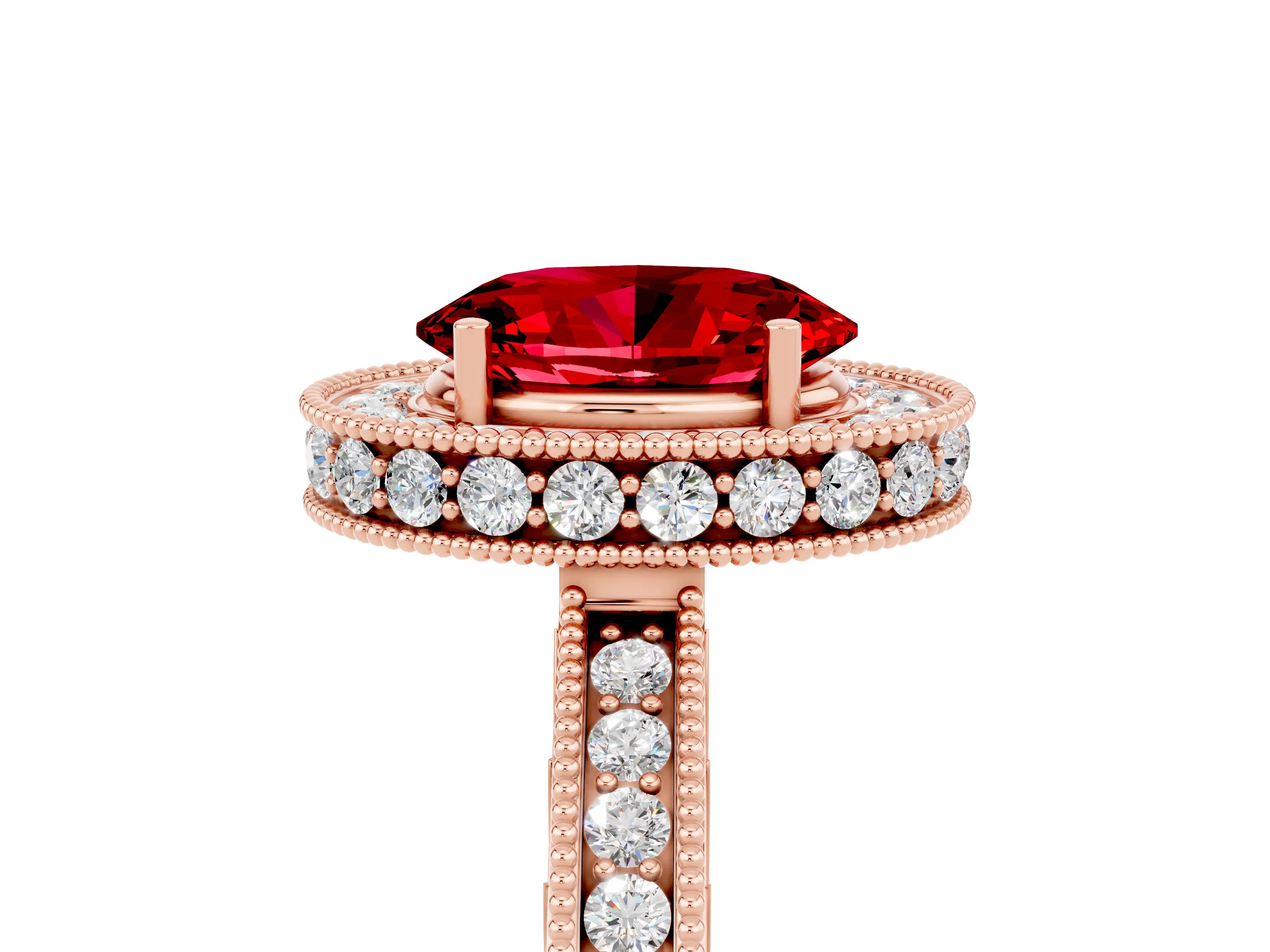 Rose gold Oval Cut Halo Diamond Engagement Ring with Milgrain Pave Band and Four-Prong Setting_5