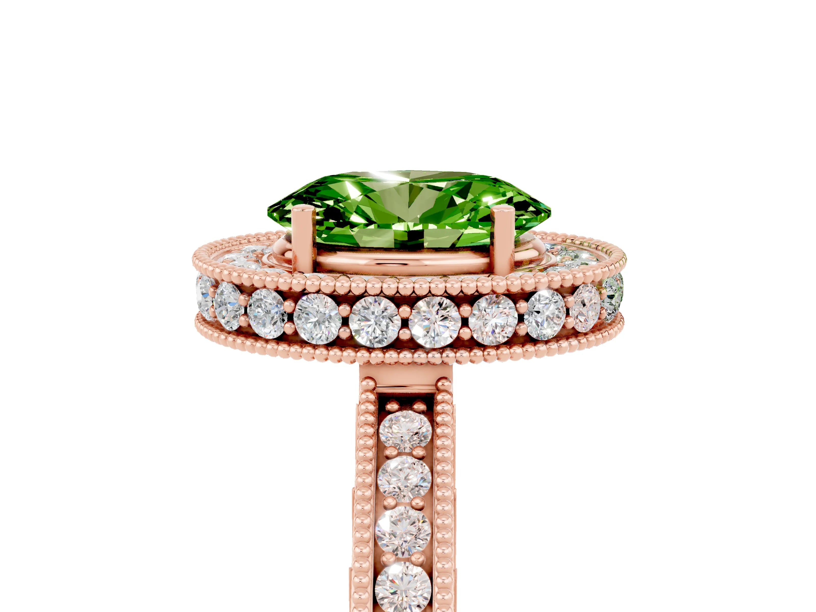 Rose gold Oval Cut Halo Diamond Engagement Ring with Milgrain Pave Band and Four-Prong Setting_5