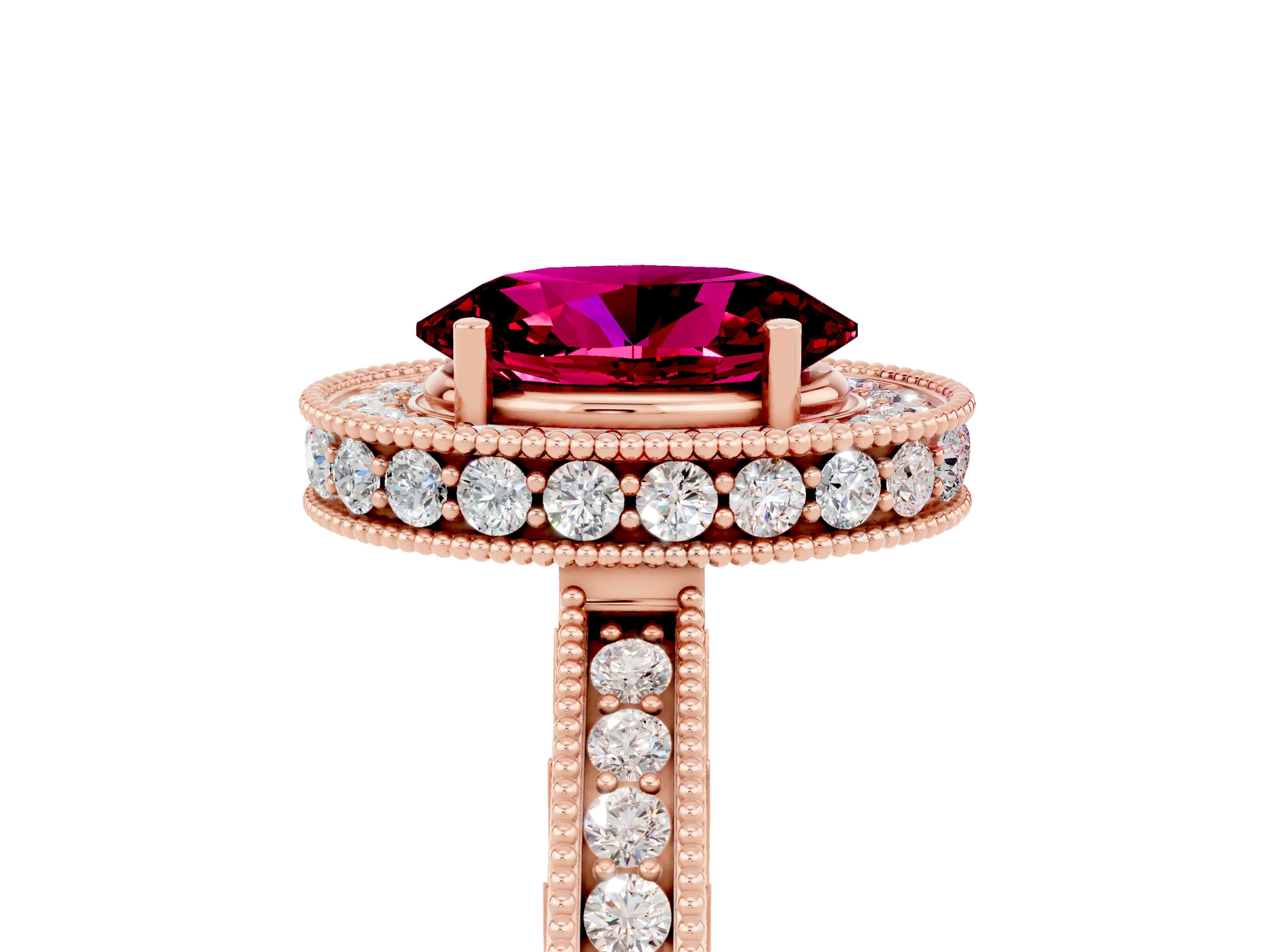 Rose gold Oval Cut Halo Diamond Engagement Ring with Milgrain Pave Band and Four-Prong Setting_5