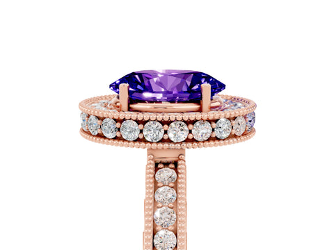 Rose gold Oval Cut Halo Diamond Engagement Ring with Milgrain Pave Band and Four-Prong Setting_5