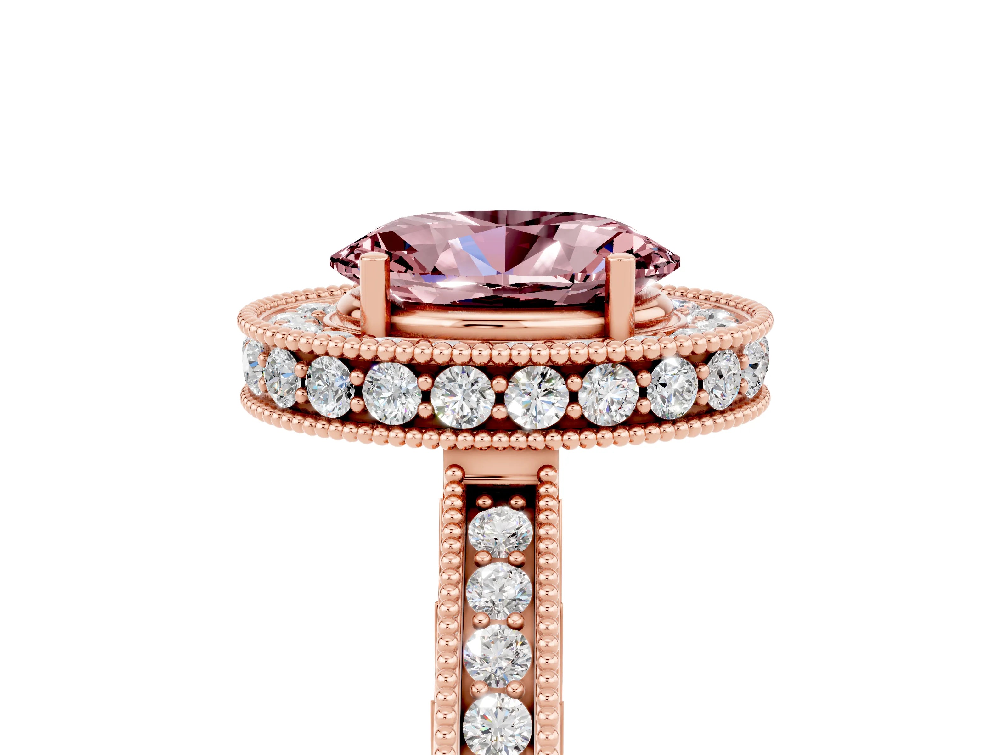 Rose gold Oval Cut Halo Diamond Engagement Ring with Milgrain Pave Band and Four-Prong Setting_5