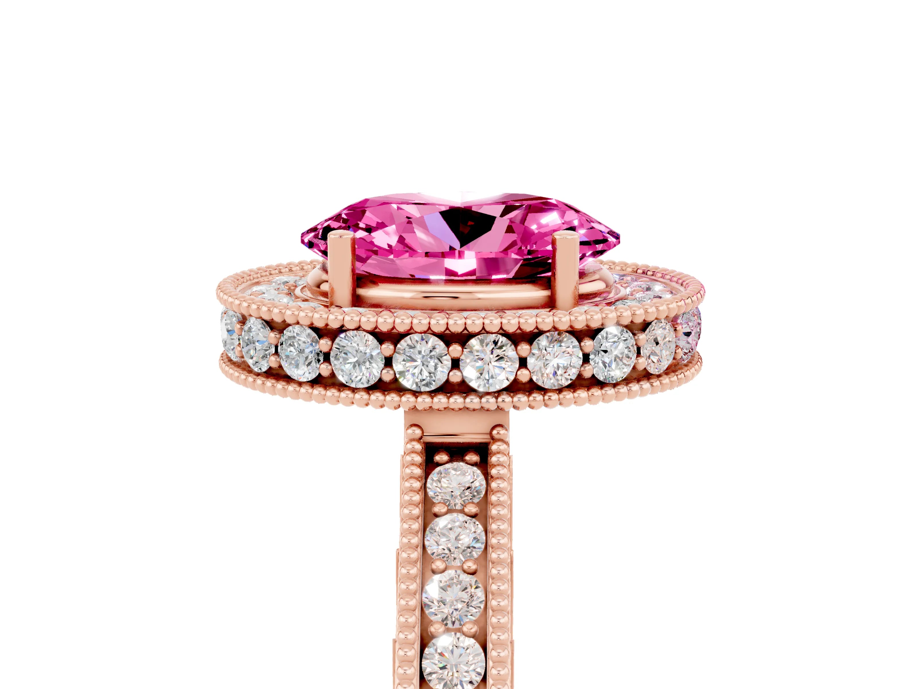 Rose gold Oval Cut Halo Diamond Engagement Ring with Milgrain Pave Band and Four-Prong Setting_5