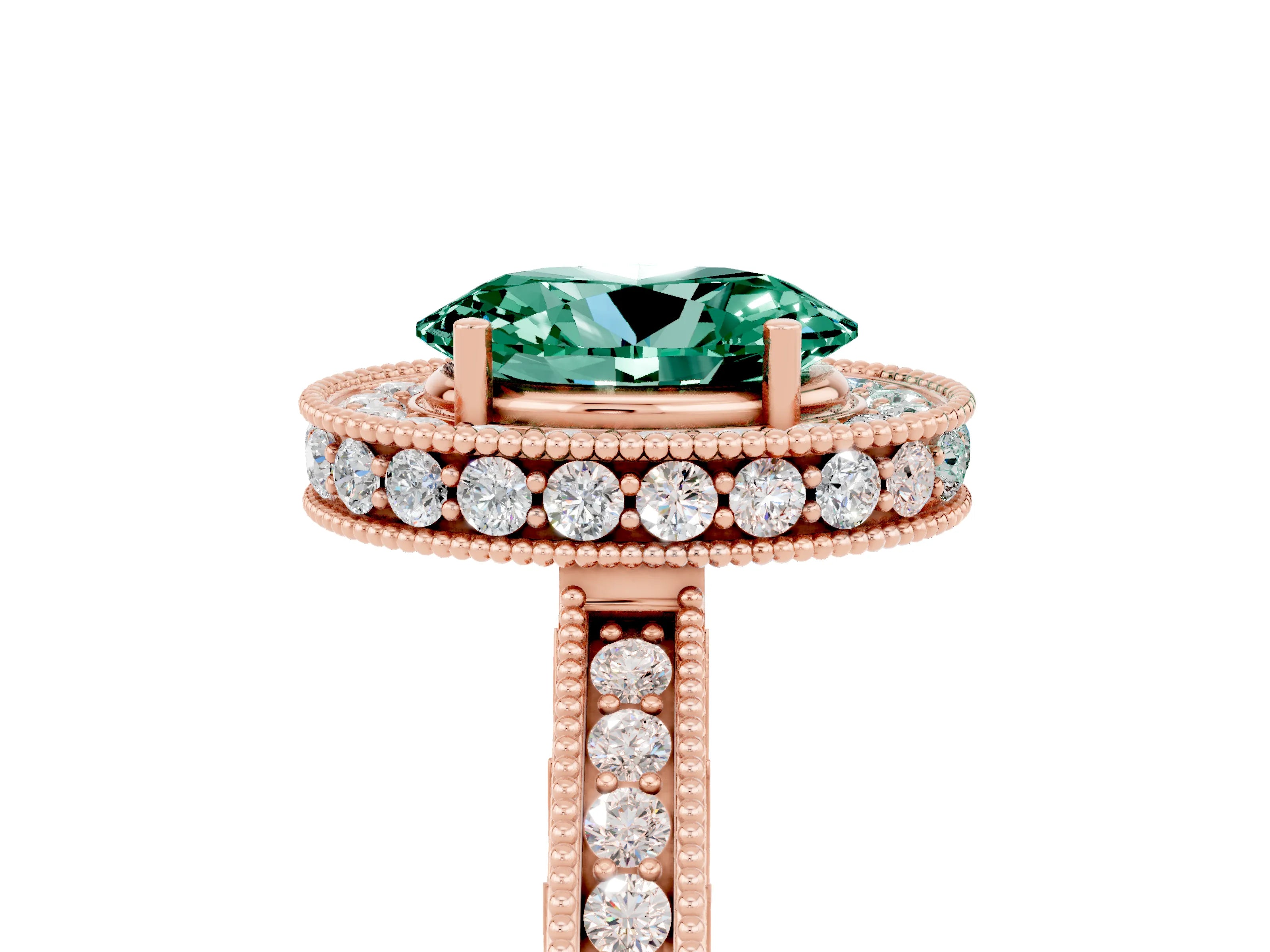 Rose gold Oval Cut Halo Diamond Engagement Ring with Milgrain Pave Band and Four-Prong Setting_5