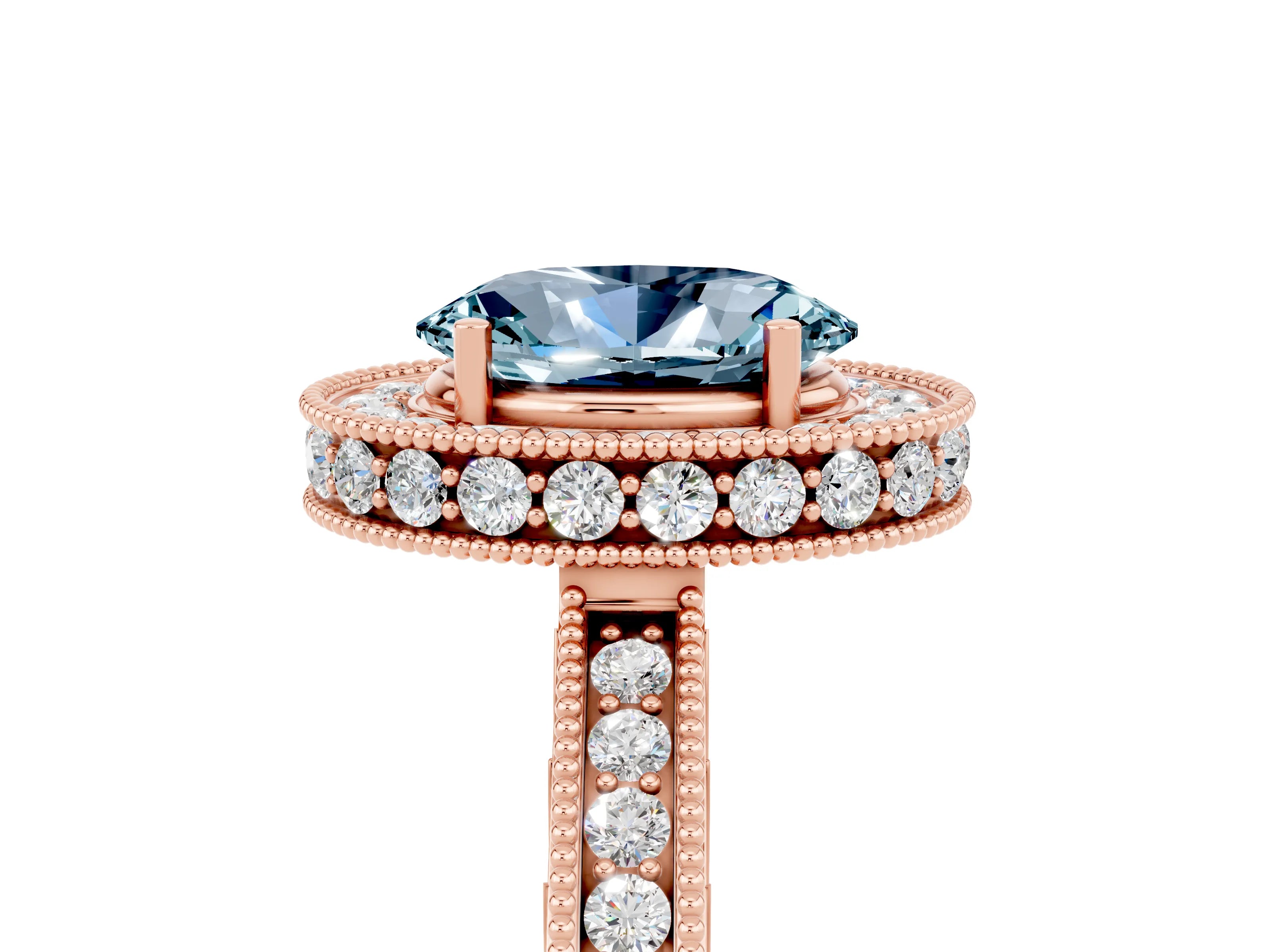 Rose gold Oval Cut Halo Diamond Engagement Ring with Milgrain Pave Band and Four-Prong Setting_5
